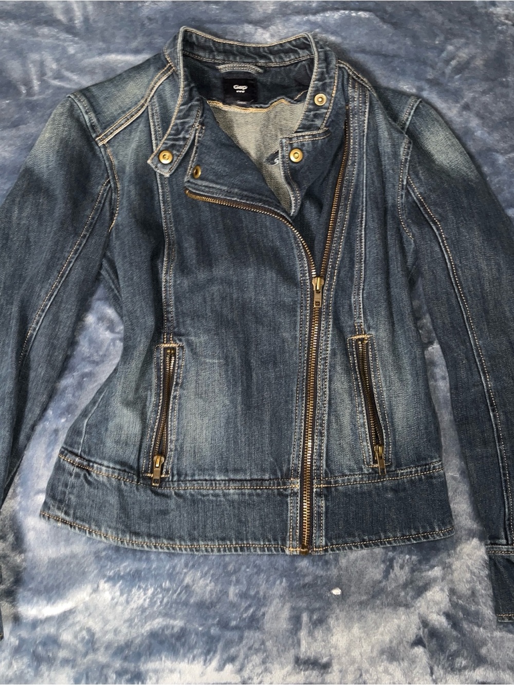 GAP Women's Faded Blue Denim Asymmetrical Zip Jacket